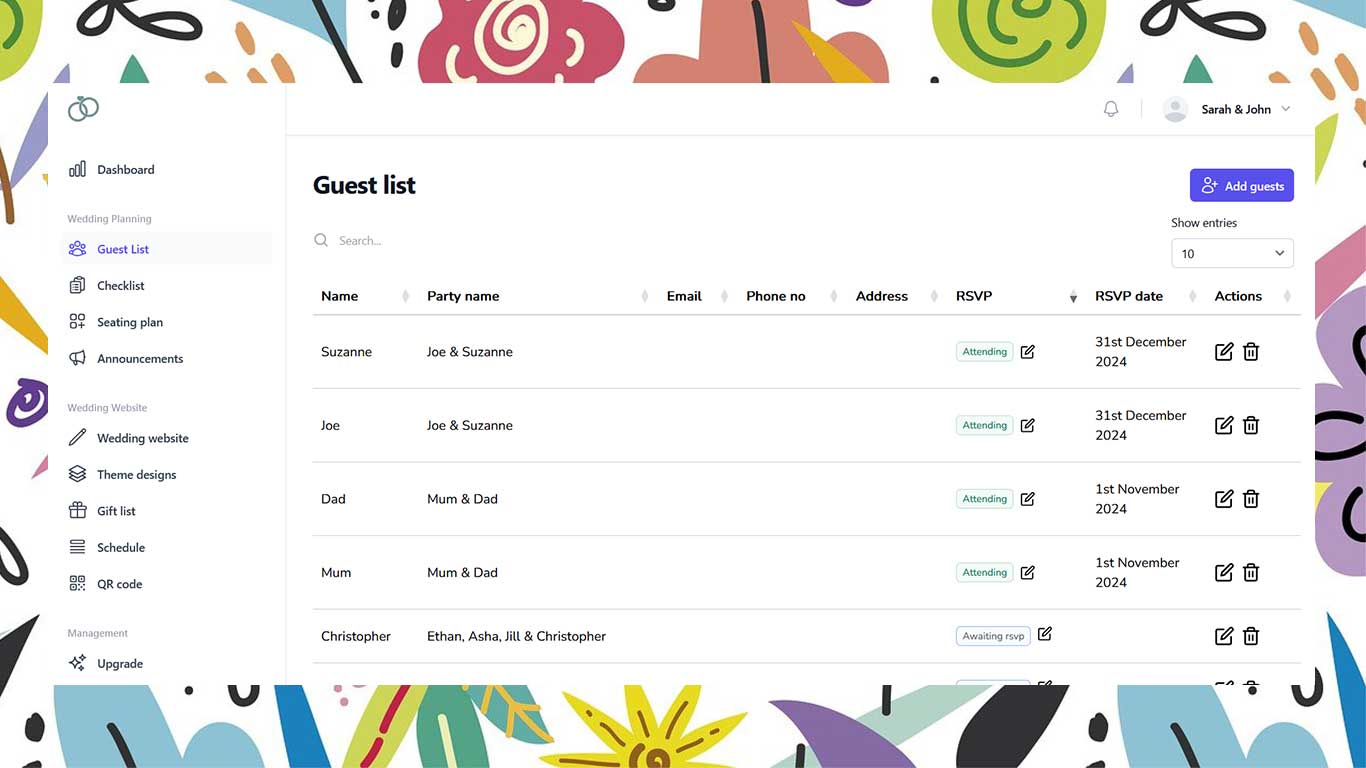 Wedding guest list